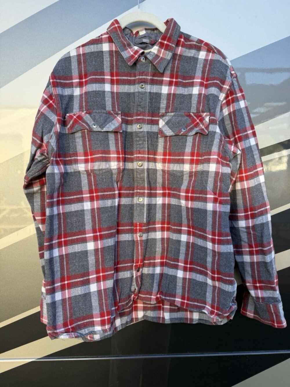 Gramicci red gray flannel heavyweight grunge gorpcore plaid shirt L hiking